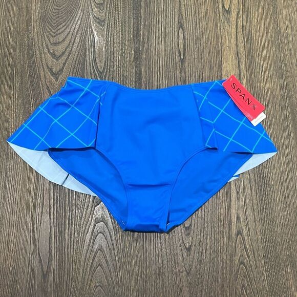 NWT Spanx Womens Flirty Skirted Swim Bikini Bottom Mid Rise Blue Geo Size 12 - Picture 1 of 8